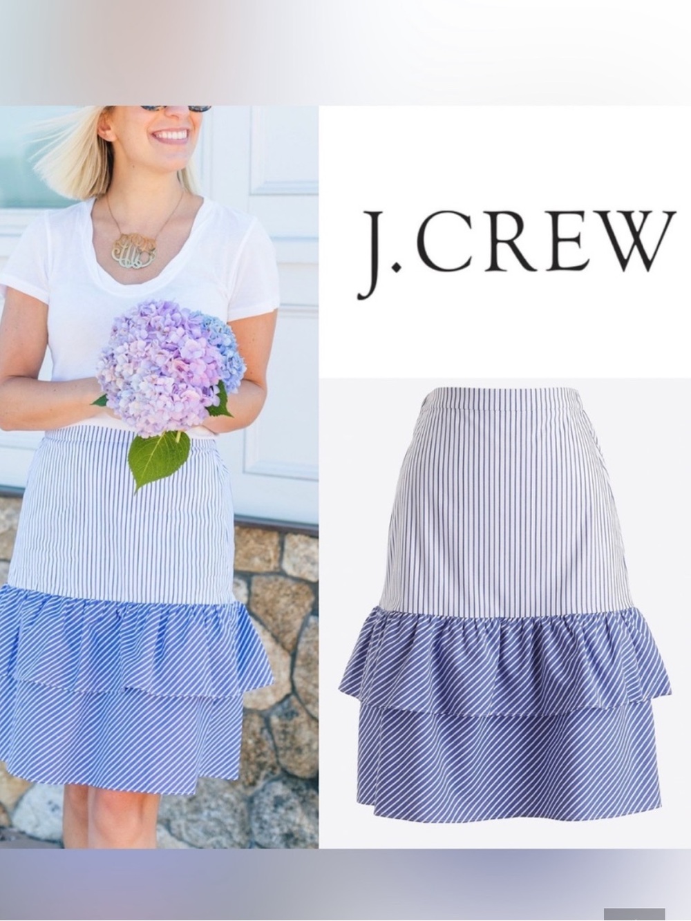 J.Crew Factory Cocktail Stripe Tiered Ruffle Midi Skirt Blue White Coastal Sz. 4